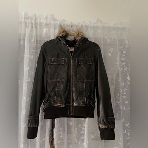 H2J Brown Leather Jacket with Fur Hood